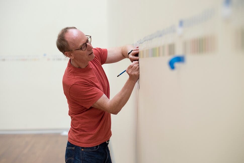 (Courtesy Utah Museum of Fine Arts) Spencer Finch works on his installation exhibit in the Great Hall of the Utah Museum of Fine Arts. The installation, based on the colors Finch found on a trip around the Great Salt Lake, will open along with the museum on Aug. 26, 2017.