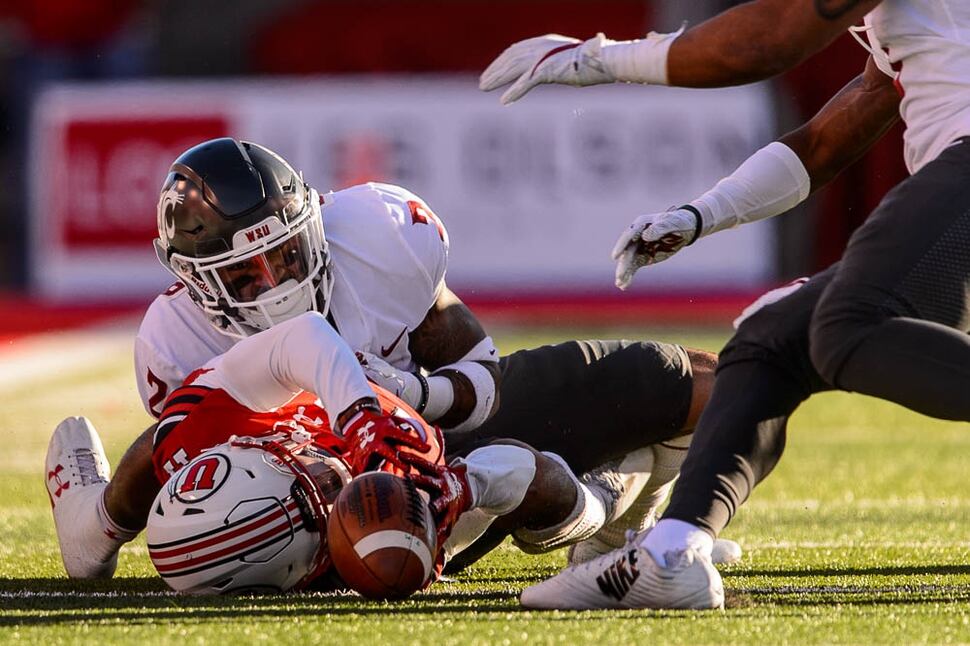 (Trent Nelson | The Salt Lake Tribune) Utah Utes wide receiver Demari Simpkins (17) fumbles the ball leading to a turnover as the University of Utah hosts Washington State, NCAA football in Salt Lake City, Saturday November 11, 2017.