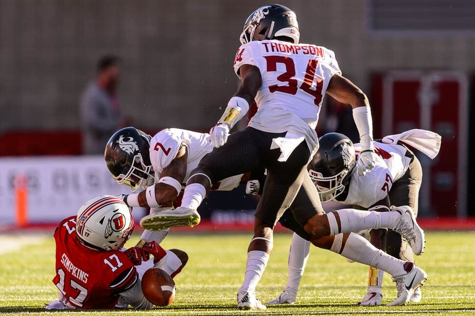(Trent Nelson | The Salt Lake Tribune) Utah Utes wide receiver Demari Simpkins (17) fumbles the ball leading to a turnover as the University of Utah hosts Washington State, NCAA football in Salt Lake City, Saturday November 11, 2017.