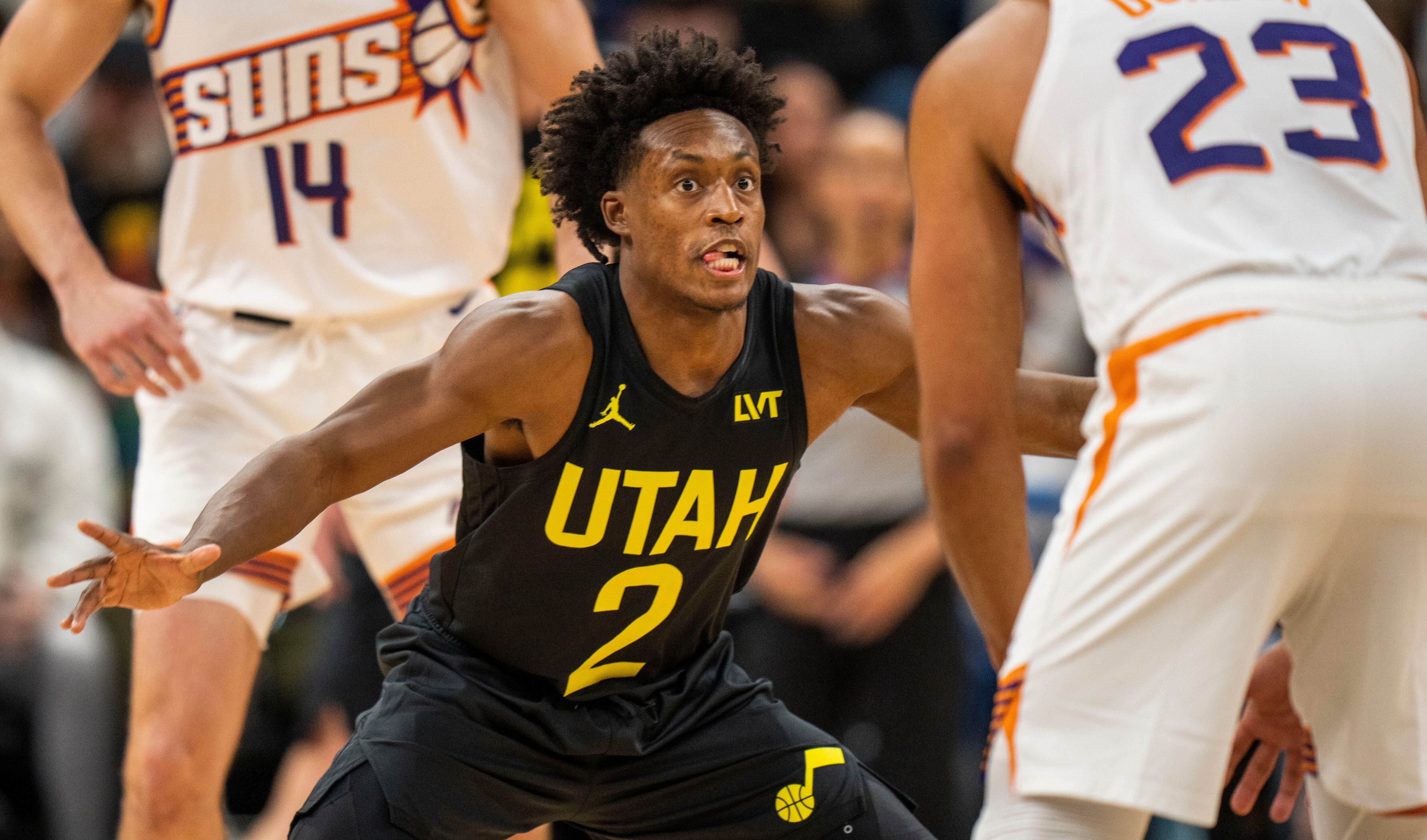 (Rick Egan | The Salt Lake Tribune)  Utah guard Collin Sexton (2) plays defense for the Jazz, in NBA action between the Phoenix Suns and the Utah Jazz, at the Delta Center, on Sunday, Nov. 19, 2023.
