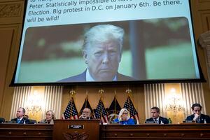 (Doug Mills | The New York Times)

A tweet by then-President Donald Trump is displayed on a screen during the first public hearing before the House Select Committee to Investigate the Jan. 6 Attack in Washington on Thursday night, June 9, 2022. "In his dystopian Inaugural speech, Trump promised to end 'American carnage.' Instead, he delivered it," writes The New York Times opinion columnist Maureen Dowd.