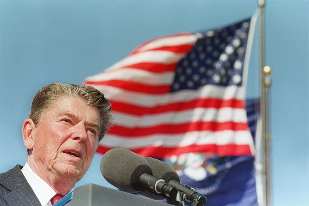 (J. David Ake J. | AFP via Getty Images) Reagan described the U.S. as a ‘shining city on a hill,’ signaling American exceptionalism.