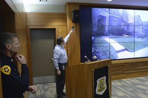 (Al Hartmann  |  The Salt Lake Tribune) 	
Capt. Lance VanDongen, left, releases Salt Lake City police body camera video of an April 18, 2018 episode where officers shot and killed 32-year-old Delorean Pikyavit, after officers were called to a home near 1100 East and Princeton Avenue  on a report of a domestic violence episode.