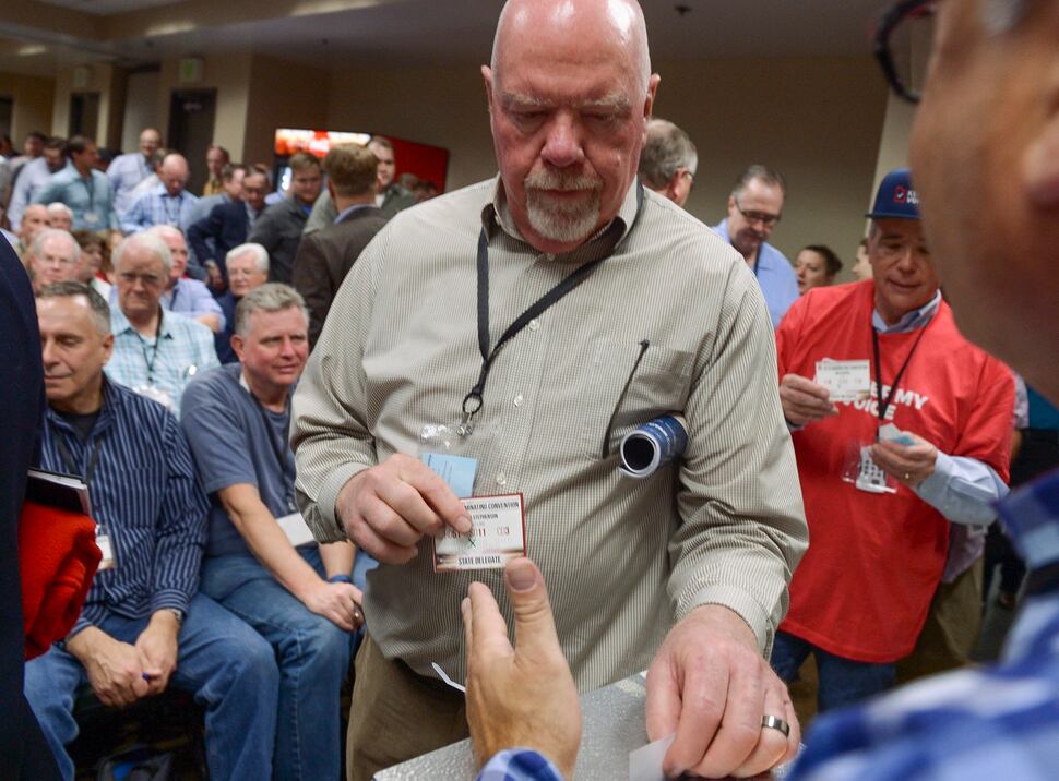 (Leah Hogsten | The Salt Lake Tribune) Retiring Sen. Howard Stephenson, R-Draper, casts his vote for the candidate to replace him in District 11 at the Utah Republican Nominating Convention Saturday, April 21, 2018 at the Maverik Center.