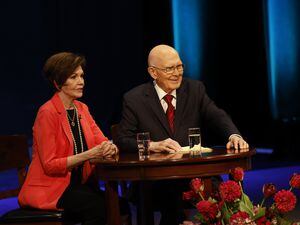 (The Church of Jesus Christ of Latter-day Saints)
President Dallin H. Oaks of the First Presidency of The Church of Jesus Christ of Latter-day Saints and his wife, Kristen, speak to young adults at a worldwide devotional broadcast from the Conference Center Theater on Temple Square in Salt Lake City on Sunday, May 21, 2023.