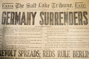 (Jeremy Harmon  |  The Salt Lake Tribune) The front page of a special addition of The Salt Lake Tribune from November 11, 1918, announces Germany's surrender and the end of WWI.