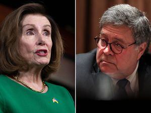(The New York Times) U.S. House Speaker Nancy Pelosi, left, and former U.S. Attorney General William Barr.