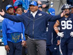 (Leah Hogsten | The Salt Lake Tribune) Brigham Young Cougars head coach Kalani Sitake disputes a call as No. 10 Brigham Young University hosts Boise State at LaVell Edwards Stadium, Oct. 9, 2021. 