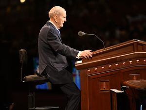 (The Church of Jesus Christ of Latter-day Saints)
A seated President Russell M. Nelson speaks at General Conference on Saturday, Oct. 1, 2022.