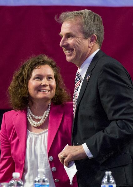 (Leah Hogsten | The Salt Lake Tribune) Chris Herrod, candidate for Utah's 3rd Congressional District joined by his wife Alia is all smiles after his speech at the Utah Republican Nominating Convention Saturday, April 21, 2018. Herrod and incumbent John Curtis will face off in the primary. 