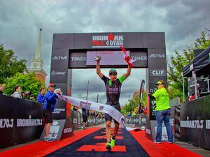 (Courtesy Greater Zion Convention & Tourism Office) Lionel Sanders wins the 2016 Ironman 70.3 St. George triathlon on May 7, 2016. Within 13 months, St. George will host two 70.3 World Championships and the first full-distance Ironman World Championship held outside of Hawaii.