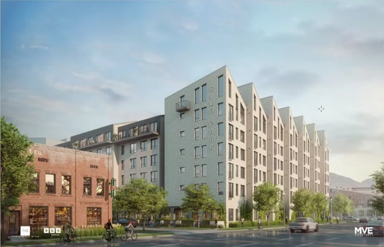 (MVE Architects, via Salt Lake City) Rendering of apartments and a repurposed historic building along 600 South that would be part of The Silos, a new mixed-use development proposed on the Salt Lake City block between 500 South and 600 South from 400 West to 500 West.