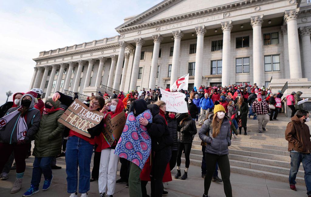 (Francisco Kjolseth | The Salt Lake Tribune) Several hundred educators, parents and other public school advocates rally on the steps of the Utah Capitol on Tuesday, Feb. 22, 2022. Advocates feel many anti-public school measures have been made by the Legislature this year.