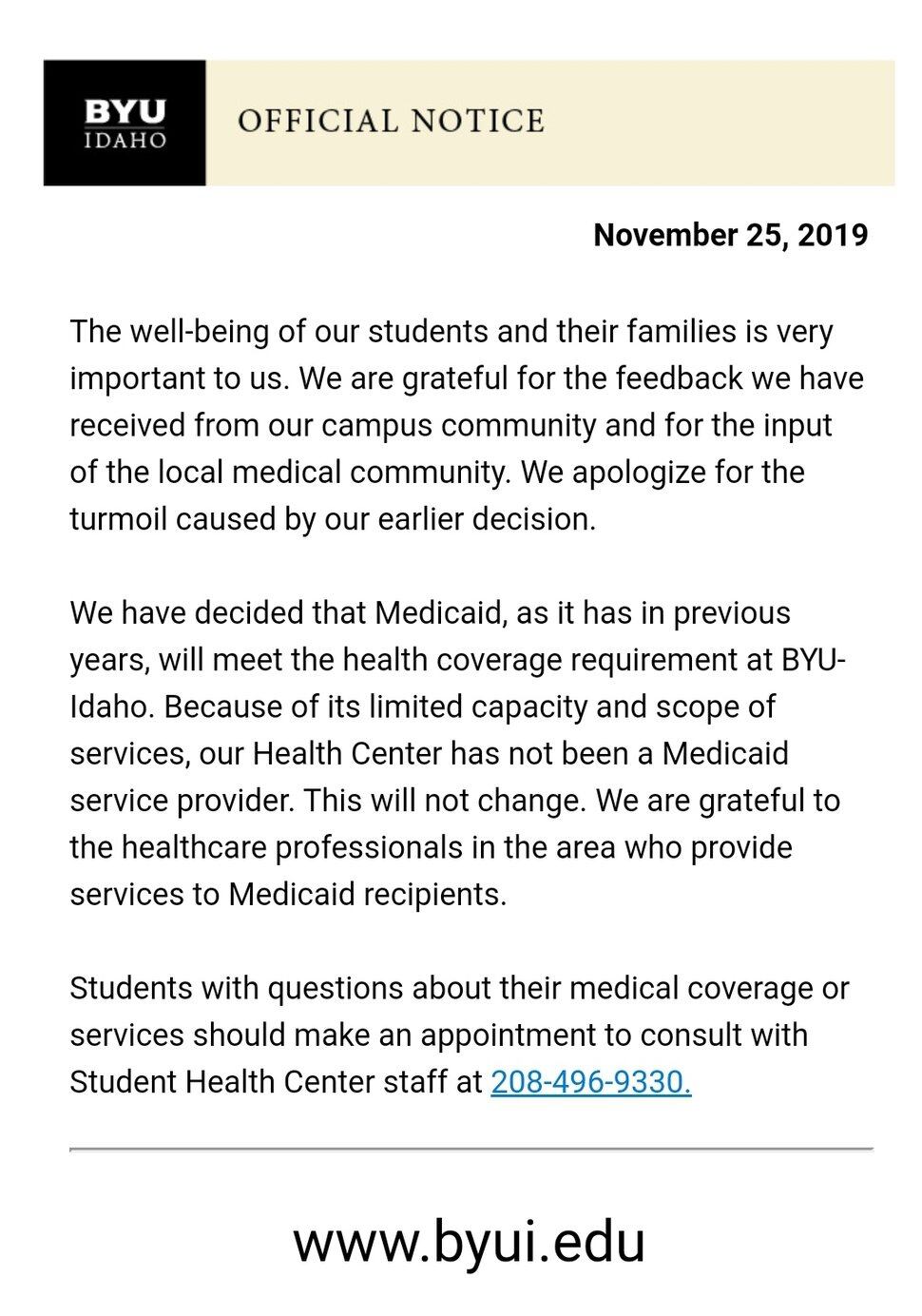 (Photo courtesy of Reclaim Idaho) A screenshot of the email that BYU-Idaho administrators sent to students on Monday, Nov. 25, 2019, reversing course on a Medicaid ban.