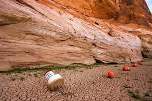 (Rick Egan | The Salt Lake Tribune) Abandoned buoys that used to protect a cultural site from boaters sit at the bottom of the Escalante River in Glen Canyon, Monday, May 17, 2021.