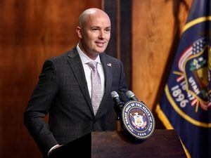 Gov. Spencer Cox holds his monthly news conference at PBS Utah in the Eccles Broadcast Center in Salt Lake City, Thursday, March 16, 2023.