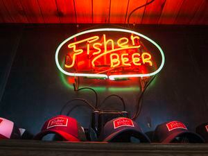 (Steve Griffin  |  Salt Lake Tribune file photo) An original neon light for the A. Fisher Brewing Company, one of the oldest names in Utah beer history. Fisher Brewing was denied, for now, in its attempt to get a full bar license for its Salt Lake City brewpub, after a meeting of the Utah Division of Alcoholic Beverage Services on Thursday, Feb. 23, 2023.