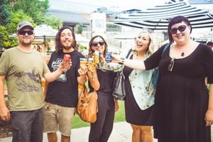 (River Universe) Revelers celebrate Pie 'n' Beer Day, an alternative to Pioneer Day, in Salt Lake City in 2019. A Pie 'n' Beer Day celebration, with 24 breweries and 24 bakeries and other pie providers, is scheduled for Sunday, July 24, 2022, at The Gateway in downtown Salt Lake City.