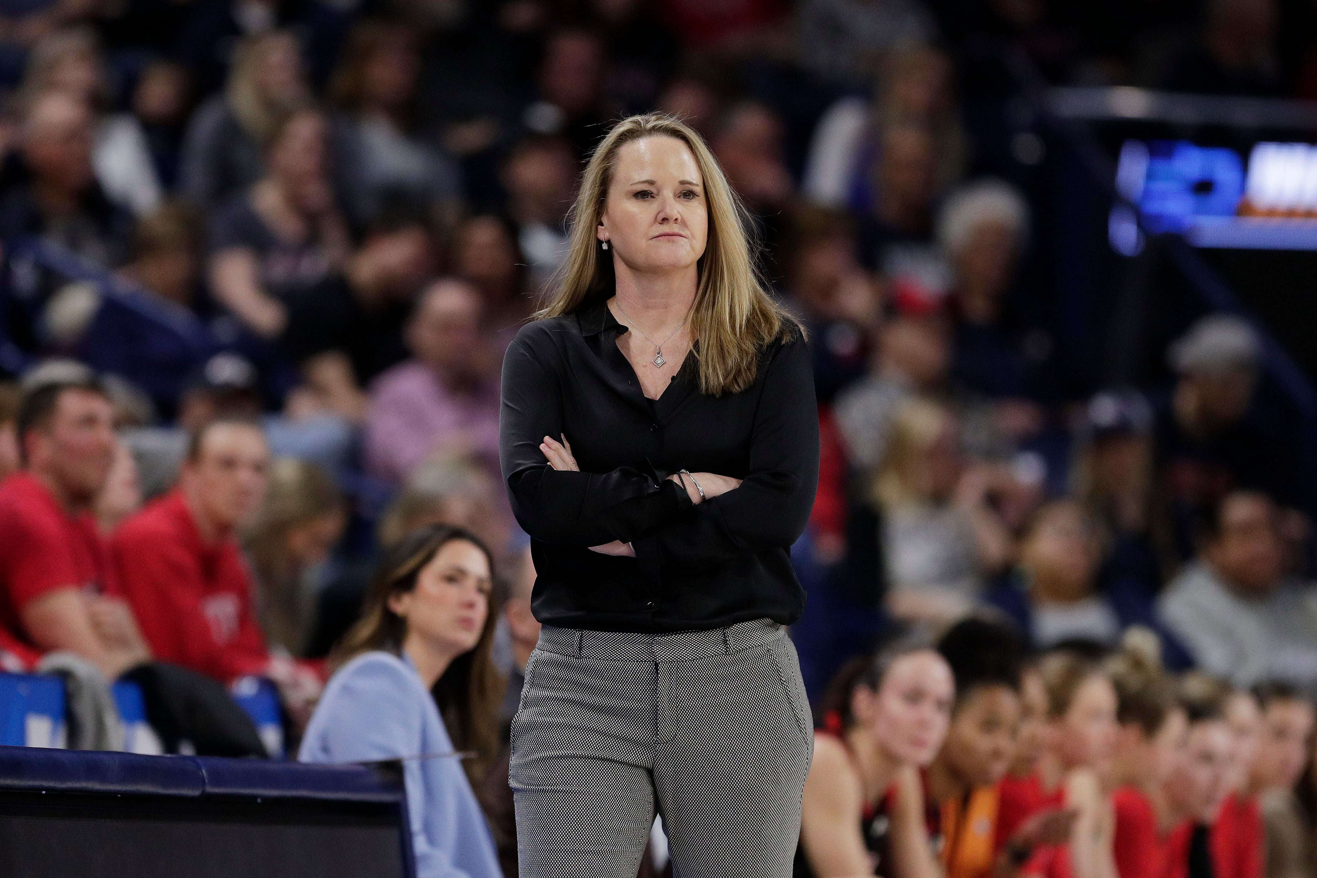 (Young Kwak | AP) Utah head coach Lynne Roberts watches during the first half of a second-round college basketball game against Gonzaga in the NCAA Tournament in Spokane, Wash., Monday, March 25, 2024.