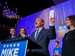 (Trent Nelson  |  The Salt Lake Tribune) Sen. Mike Lee makes his victory speech at the Utah Republican Party election night party at the Hyatt Regency in Salt Lake City on Tuesday, Nov. 8, 2022.