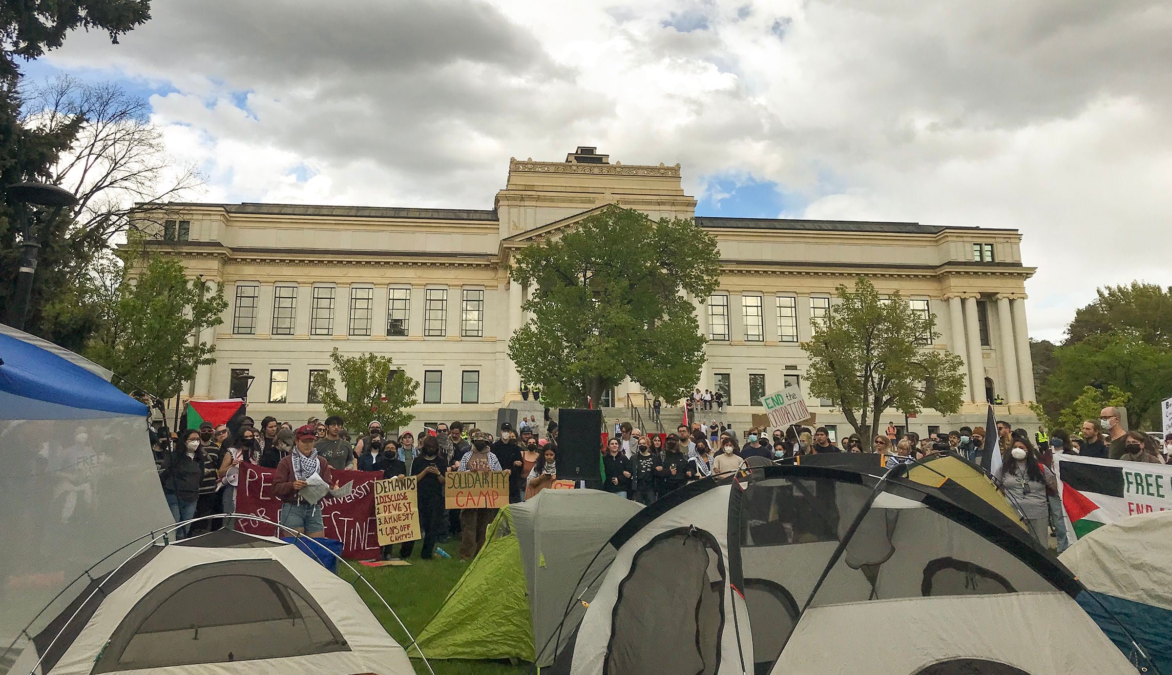 (Courtney Tanner | The Salt Lake Tribune) People set up tents during a rally in support of Palestine on the University of Utah campus in Salt Lake City, Monday, April 29, 2024.