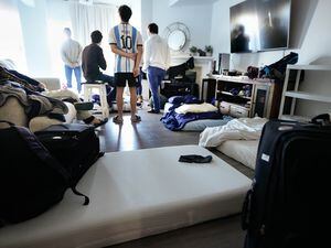 (Francisco Kjolseth | The Salt Lake Tribune) Numerous mattresses cover the floor where 12 foreign students from Argentina who came to Park City to work on  J-1 visas describe their living conditions for the past two months on Monday, Jan. 30, 2023. Because of lack of housing, they have been living in a one-bedroom apartment, paying $12,000 a month in rent.