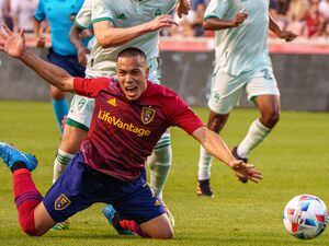 (Trent Nelson  |  The Salt Lake Tribune) Real Salt Lake forward Bobby Wood (7) falls, defended by Colorado Rapids defender Danny Wilson (4) as Real Salt Lake hosts the Colorado Rapids, MLS Soccer at Rio Tinto Stadium in Sandy on Saturday, July 24, 2021.