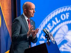 (Rick Egan | The Salt Lake Tribune) Gov. Spencer Cox speaks at a monthly news conference at the Eccles Broadcast Center in August 2022. Cox signed a letter, published on Monday, Sept. 12, with 21 other Republican governors asking President Joe Biden to withdraw his student loan forgiveness plan.