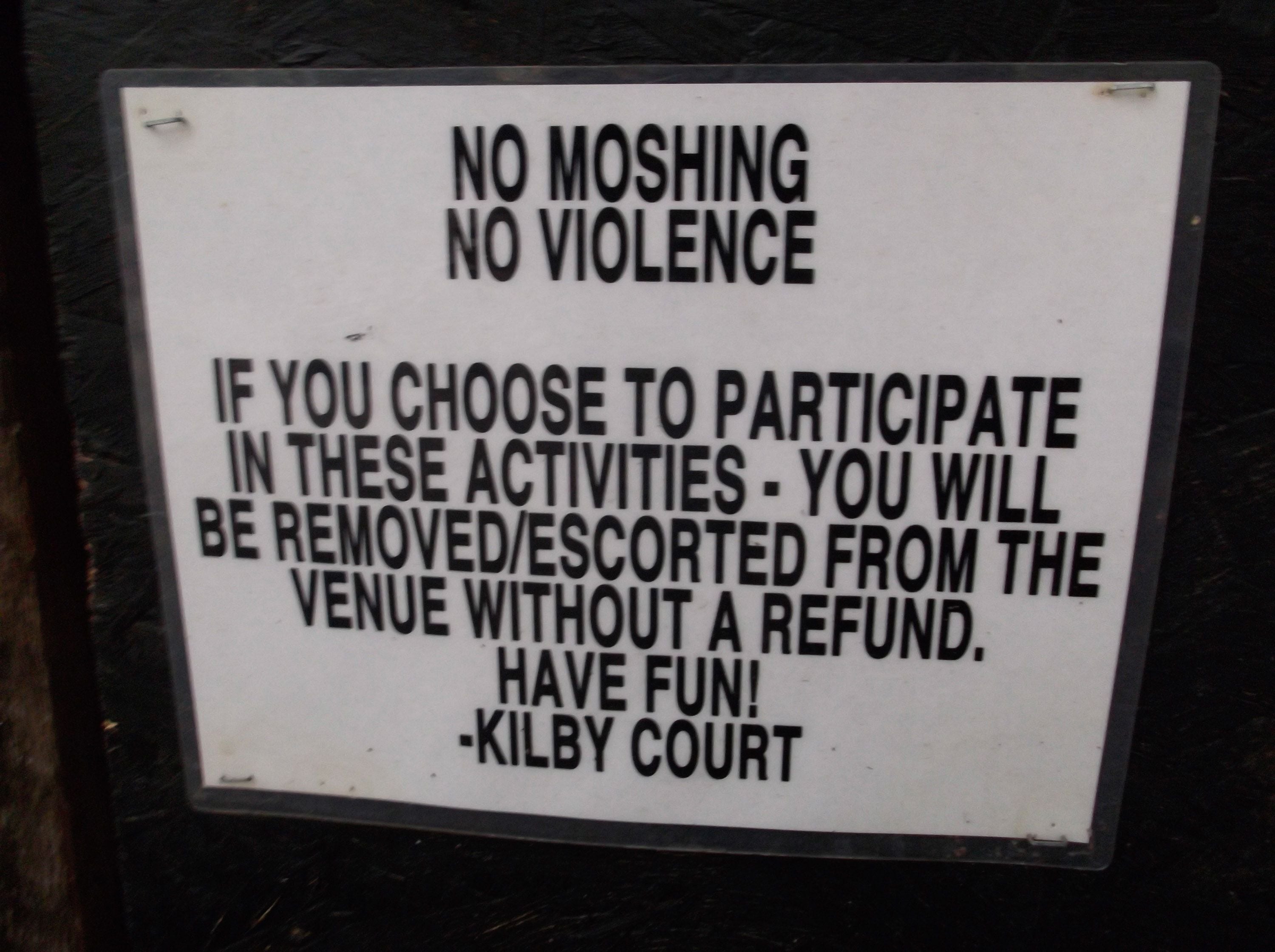 Sean P. Means  |  The Salt Lake Tribune

A sign at Kilby Court, the all-ages Salt Lake City music venue, sets forth the rules against moshing and other violence.
