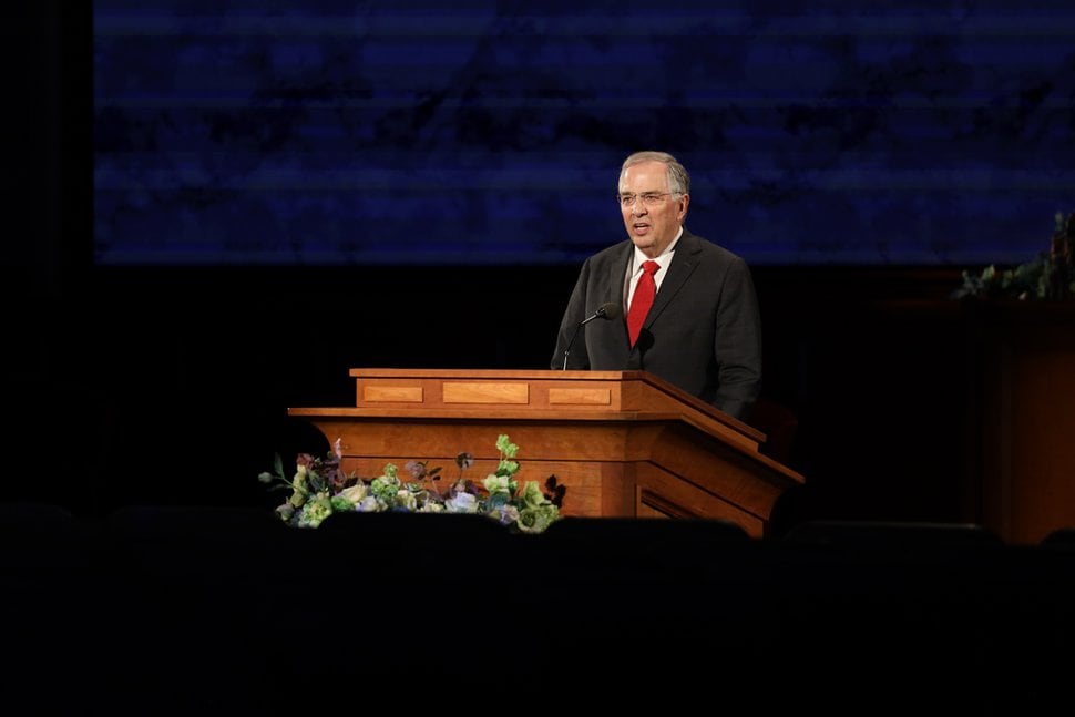 (Photo courtesy of The Church of Jesus Christ of Latter-day Saints) Apostle Neil L. Andersen speaks Saturday, April, 4, 2020.