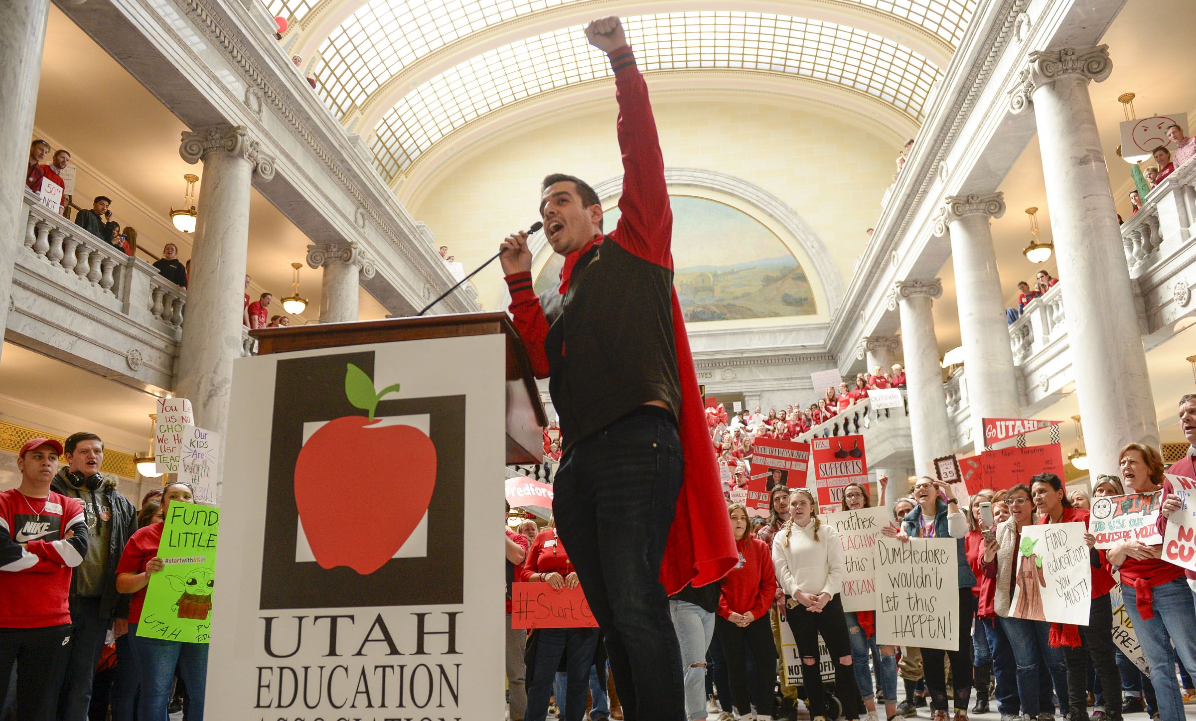 (Leah Hogsten  |  The Salt Lake Tribune) Franz Villate, a social studies teacher at Innovations High School leads the crowd in a "Students First!" chant. Teachers in Salt Lake City’s teacher’s union stage a walkout and rally at the Capitol to protest teacher pay in an effort to pressure the Utah State Legislature as it decides how much money it will allocate to the state’s education system Friday. Teachers began the rally at the Federal Building and walked up Capitol Hill to the statehouse for a rally in the rotunda, Feb. 28, 2020.