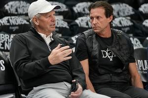 (Leah Hogsten | The Salt Lake Tribune)  l-r Danny Ainge, Utah Jazz CEO of Basketball Operations and Utah Jazz head coach Quin Snyder talk on the sidelines prior to Game 6 of the 2022 NBA first-round playoff series against the Dallas Mavericks, Saturday, April 23, 2022, in Salt Lake City.