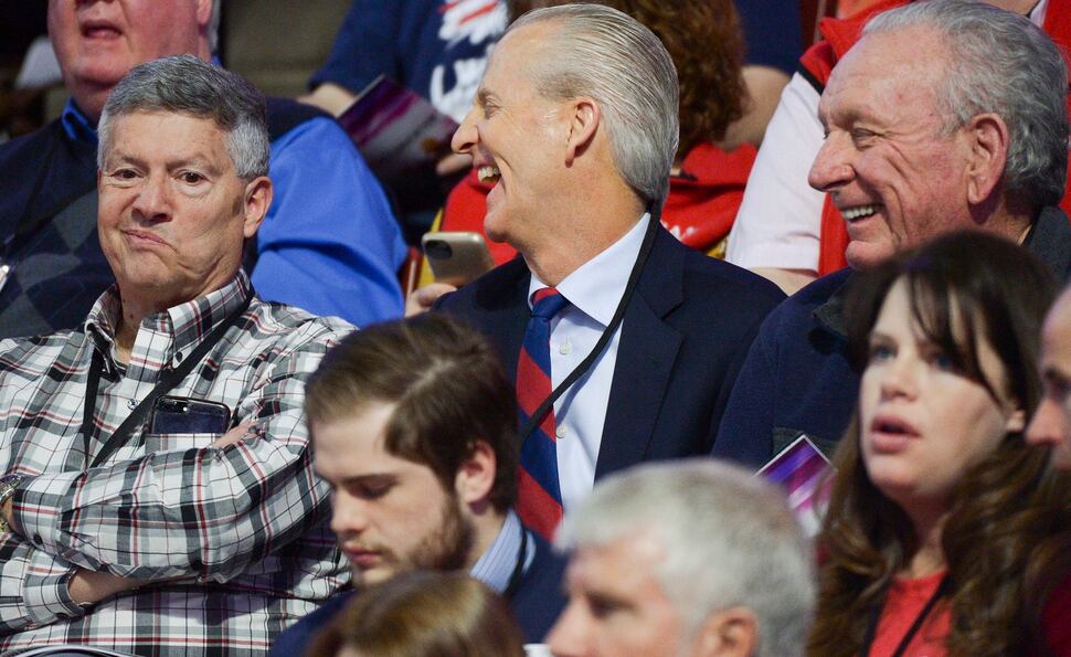 (Leah Hogsten | The Salt Lake Tribune) l-r State senators Wayne Harper shares a laugh with Wayne Niederhauser as the convention drags on as delegates debate bylaws, amendment proposals and rules at the Utah Republican Nominating Convention Saturday, April 21, 2018 at the Maverik Center. 