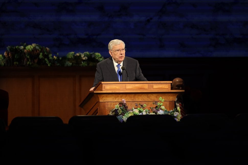 (Photo courtesy of The Church of Jesus Christ of Latter-day Saints) M. Russell Ballard, acting president of the Quorum of the Twelve Apostles, speaks Saturday, April 4, 2020.