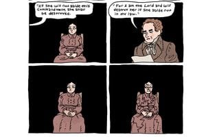 (Courtesy; Copyright © 2022 Noah Van Sciver) This panel from Noah Van Sciver's "Joseph Smith and the Mormons" covers Joseph Smith explaining plural marriage to his wife Emma Smith.