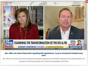 (Screenshot via Fox News) A screenshot of Utah Sen. Mike Lee and Fox News host Maria Bartiromo from Sunday, Sept. 15, 2022. Lee told Fox News that it was "overreach" by the Justice Department to arrest and charge a man that allegedly assaulted a Planned Parenthood volunteer.