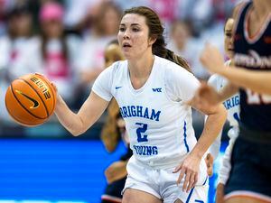 (Rick Egan | The Salt Lake Tribune) BYU guard Shaylee Gonzales (2) leads a fast break for the Cougars, in women's basketball action between the BYU Cougars and the Pepperdine Waves, at the Marriott Center in Provo, on Thursday, Feb. 10, 2022. Judkins scored his 450th win tonight.