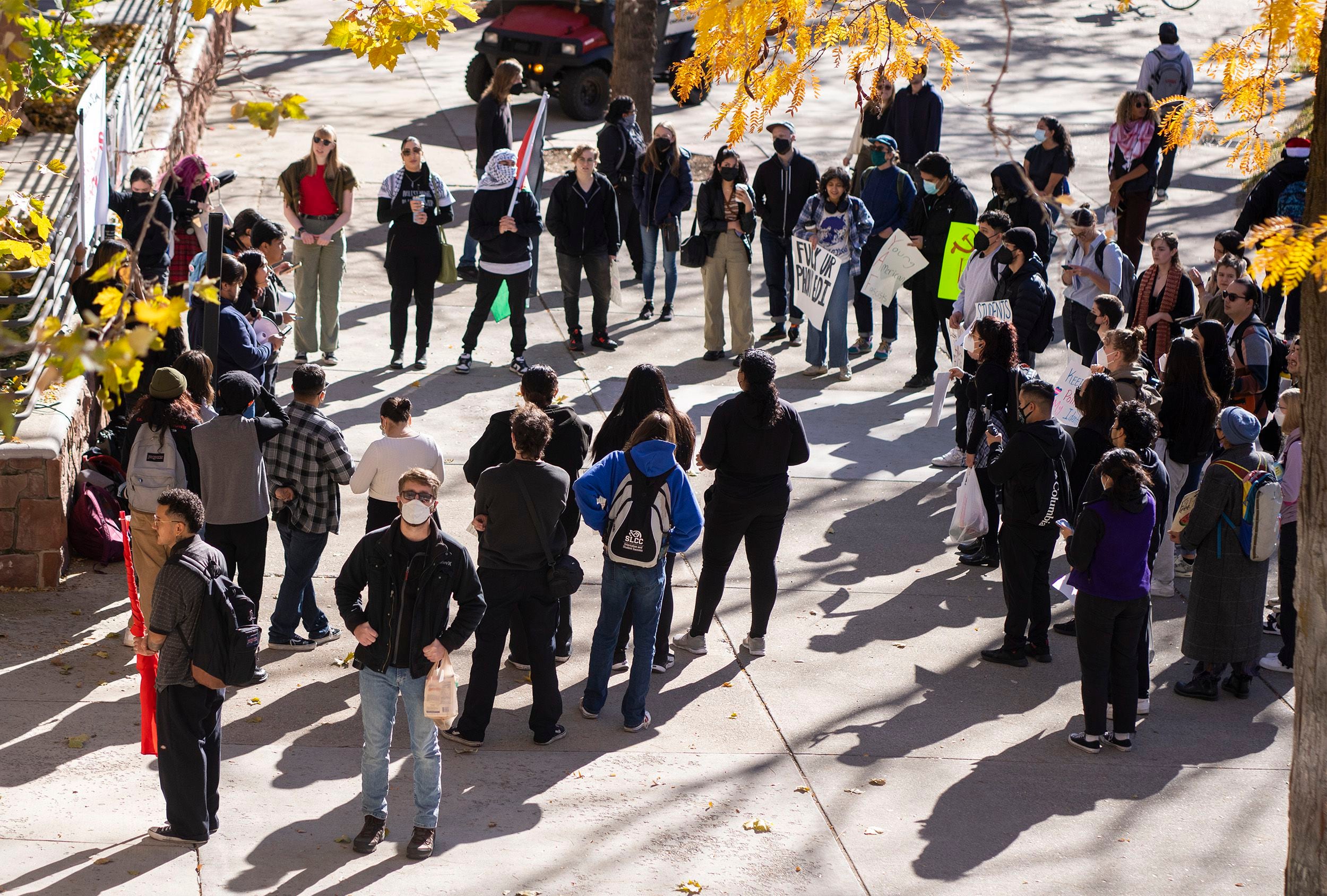 (Rick Egan | The Salt Lake Tribune) Supporters of Mecha cheer listen to the speakers, during a protest on the University of Utah Campus, on Wednesday, Nov. 15, 2023.
