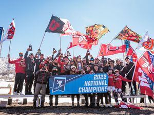 (Nick Grace | University of Utah) The University of Utah Utes ski team celebrates winning the NCAA Skiing Championships at Soldier Hollow in Heber on Saturday, March 12, 2022.