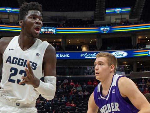 Utah State’s Neemias Queta works out for Utah Jazz