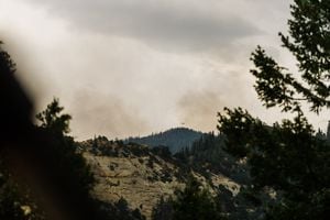 (Tiff Ringwood) A helicopter works to combat the Left Fork Fire which has burned over 4,500 acres in Dixie National Park.