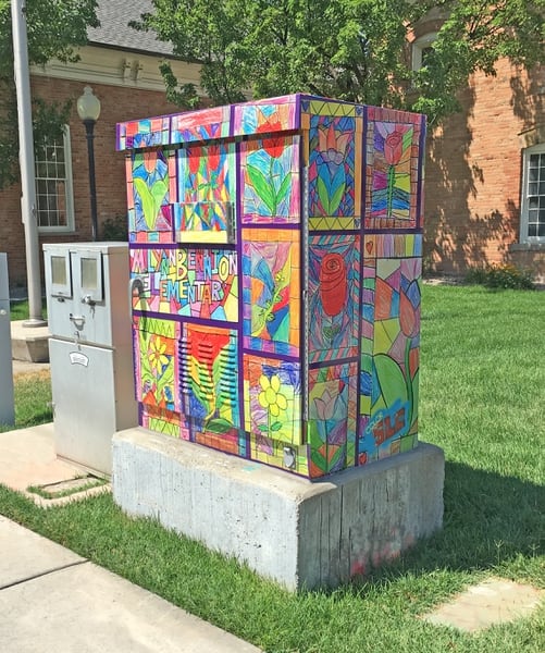 (Photo courtesy Salt Lake City Mayor's Office) A utility box near M. Lynn Bennion Elementary School in Salt Lake City, decorated with artwork by the school's students, as part of the city's ColorSLC program.