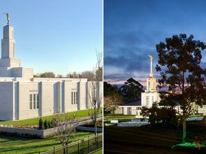 (The Church of Jesus Christ of Latter-day Saints) Temples in Montreal, Canada, left, and Sydney, Australia. Financial and tax questions surround the Utah-based faith in both countries.