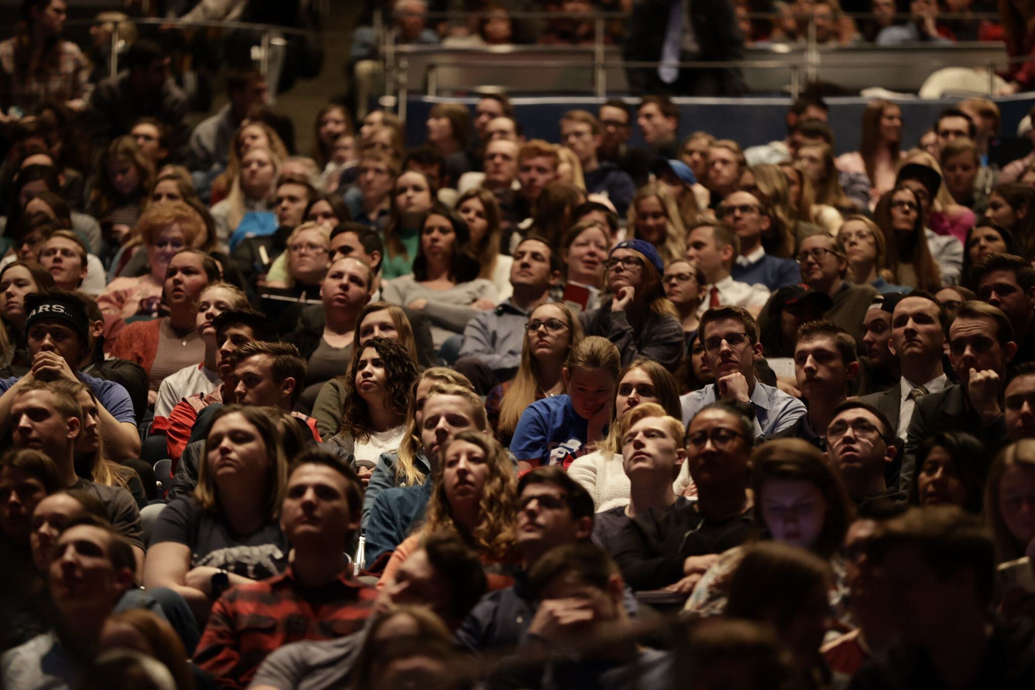 (Photo Courtesy of Brigham Young University) Students in the Marriott Center listen to a speech President M. Russell Ballard of the Quorum of the Twelve Apostles on March 3, 2020.