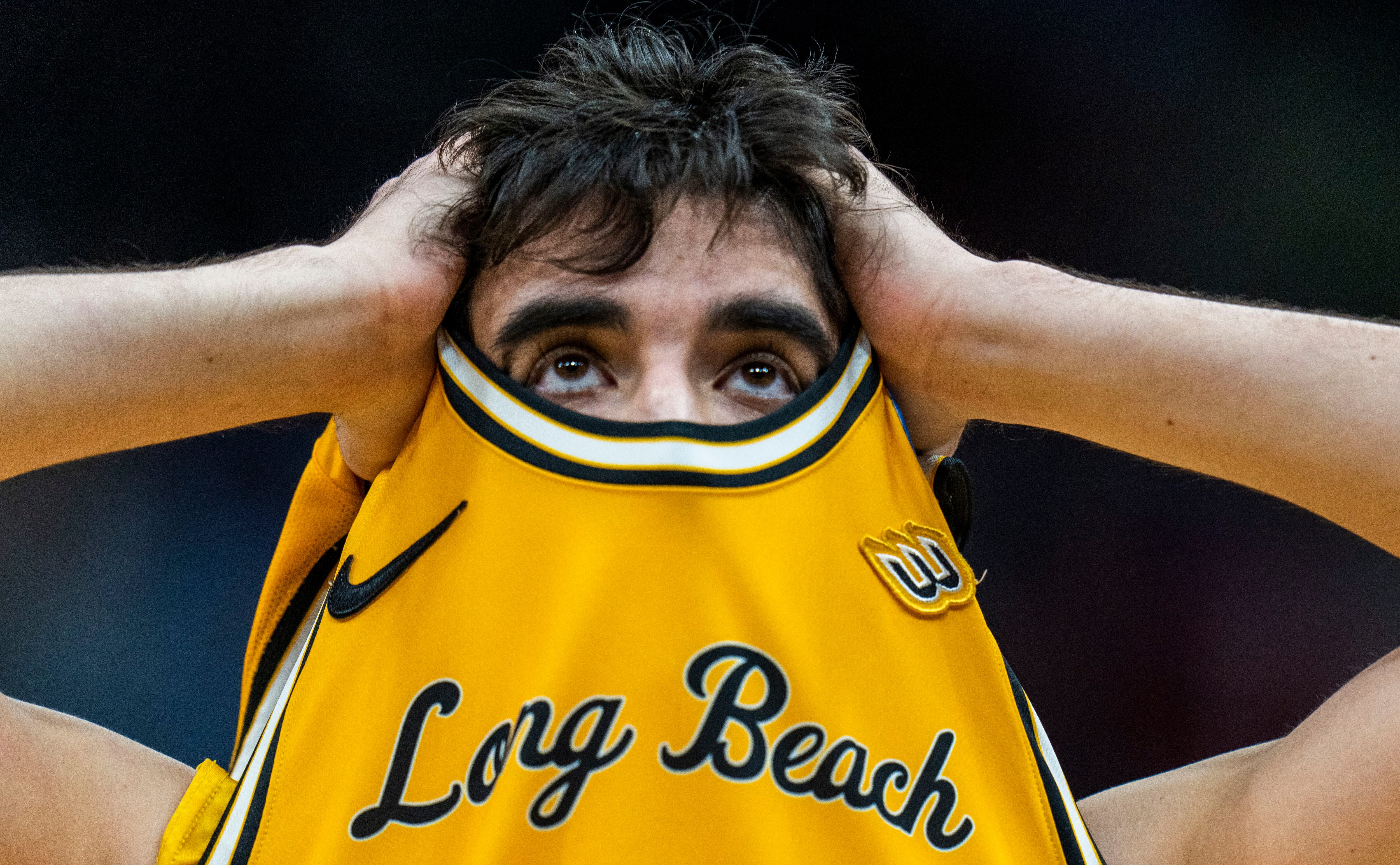 (Rick Egan | The Salt Lake Tribune) Long Beach State guard Isa Silva (2) reacts at the buzzer as the Arizona Wildcats eliminates Long Beach State from the tournament, in the First Round of the men's basketball NCAA Tournament at the Delta Center, on Wednesday, March 20, 2024.