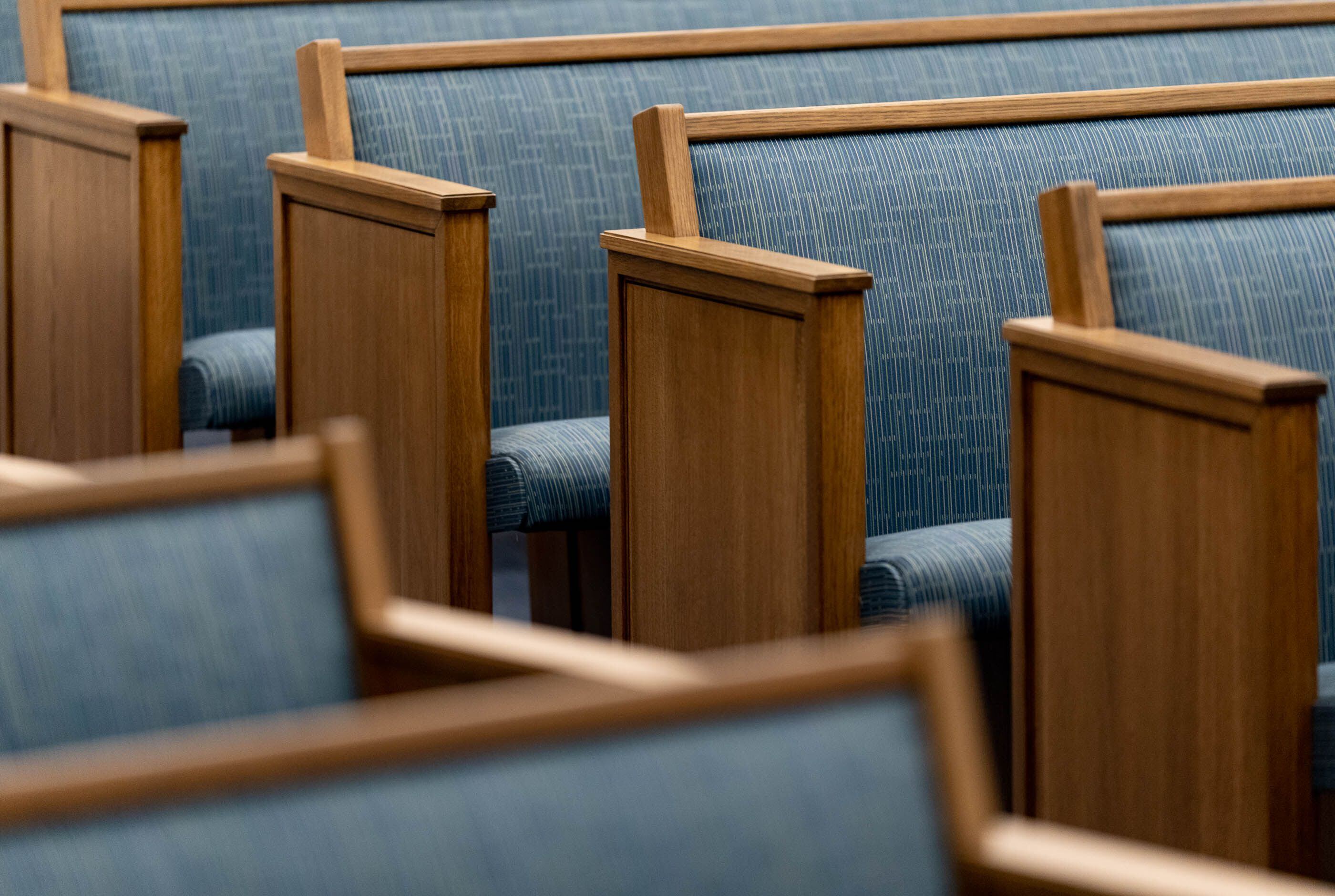 (Francisco Kjolseth | The Salt Lake Tribune) Pews in one of the two chapels at the 95 State meetinghouse of The Church of Jesus Christ of Latter-day Saints in 2022. The number of Latter-day Saint congregations in the U.S. declined by 21 units in 2023.