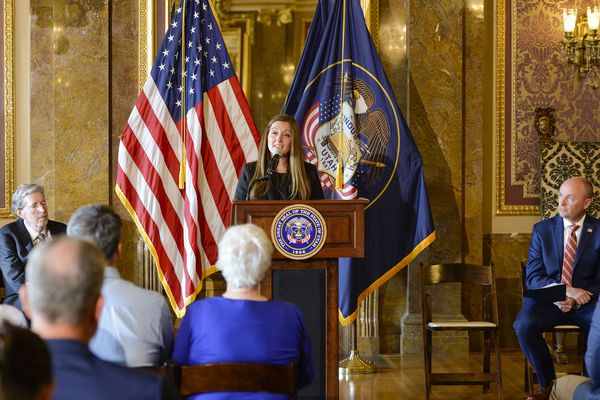 (Chris Samuels | The Salt Lake Tribune) Judge Jill M. Pohlman is introduced as a nominee to the Utah Supreme Court by Gov. Spencer Cox at the Capitol, Tuesday, June 28, 2022.