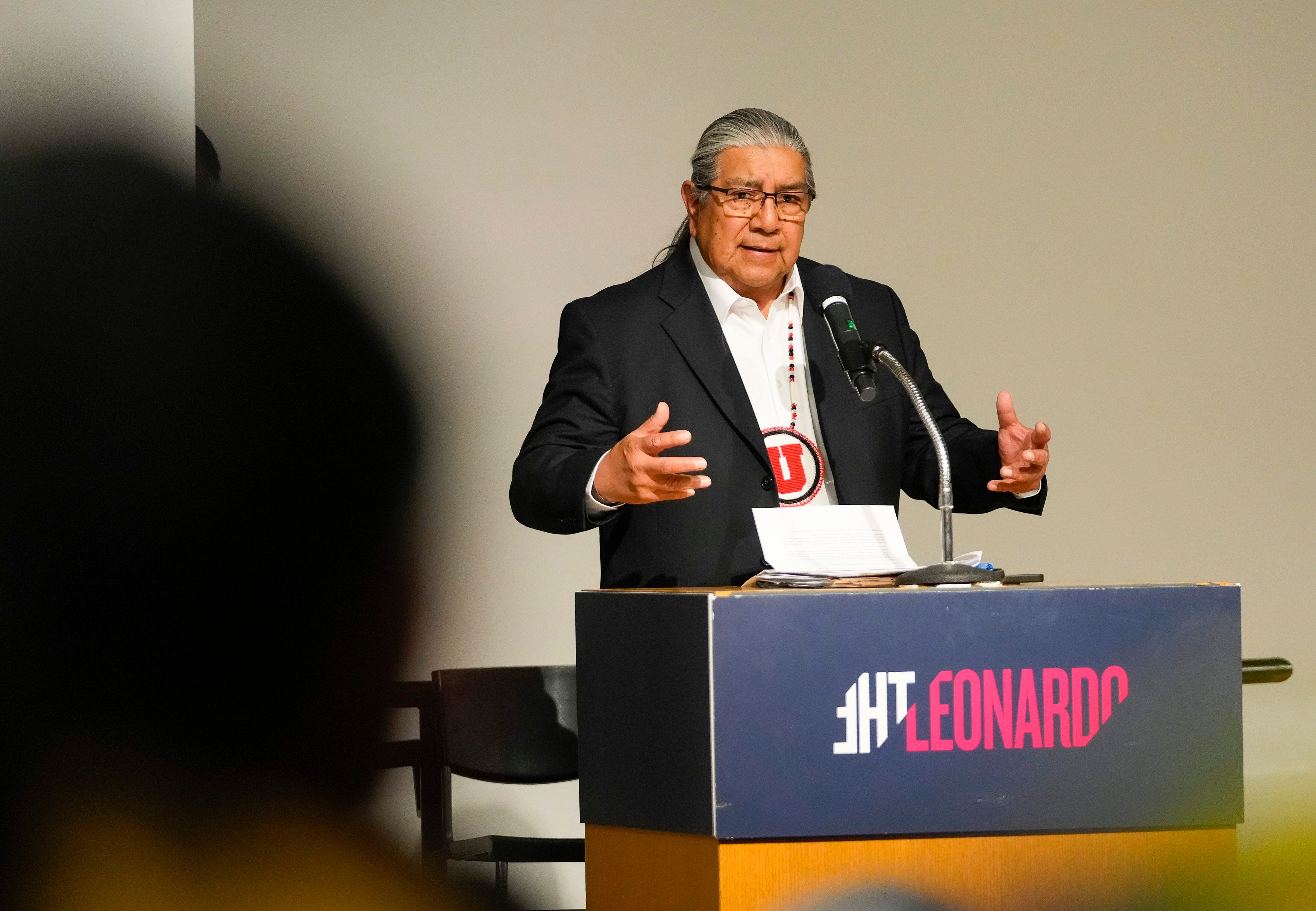 (Bethany Baker | The Salt Lake Tribune) Forrest Cuch, former director of the Utah Division of Indian Affairs, speaks during the opening event for the "100 Years of Silence" exhibition at The Leonardo in Salt Lake City on Saturday, March 23, 2024.