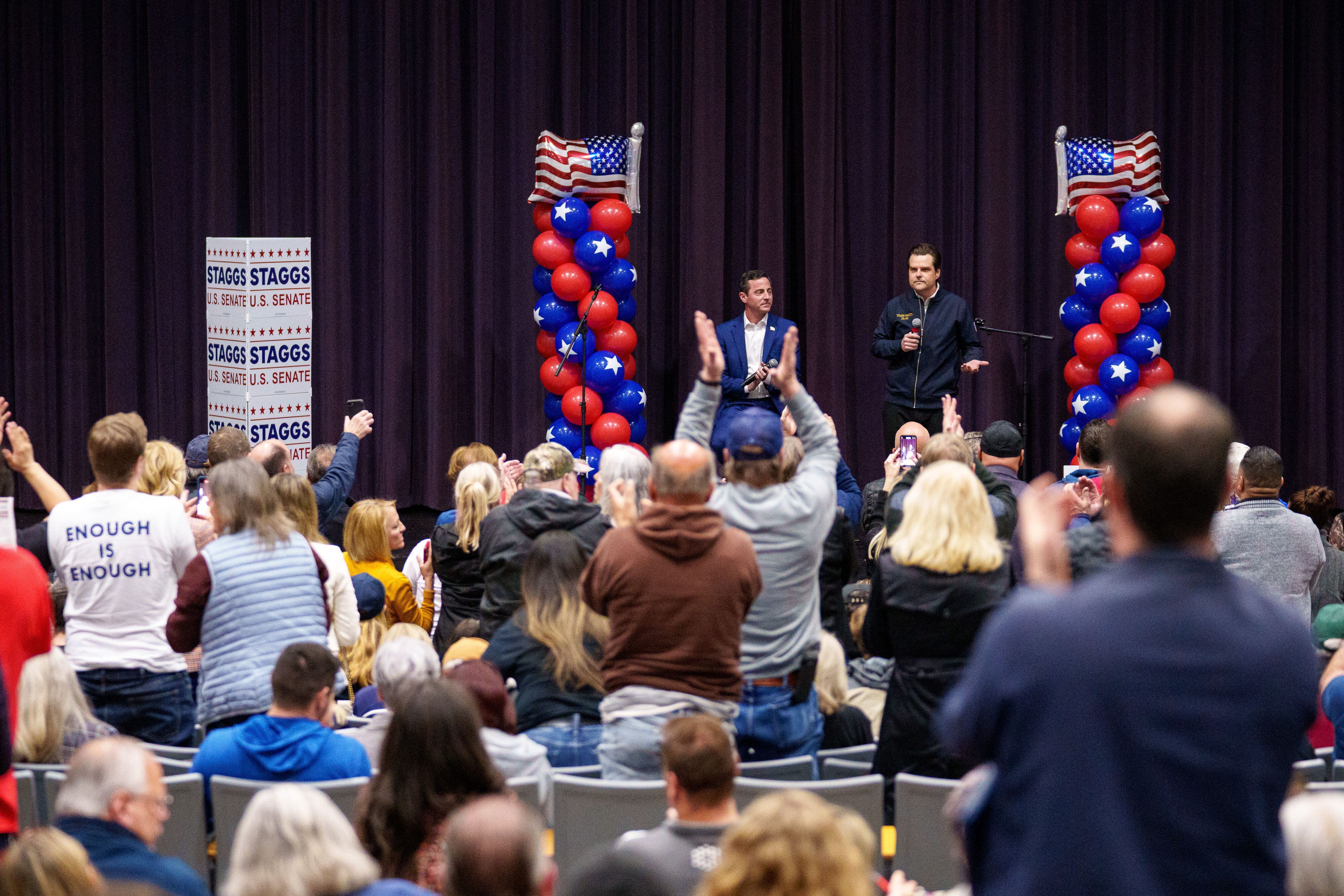 (Trent Nelson  |  The Salt Lake Tribune) Attendees applaud U.S. Senate candidate Trent Staggs and U.S. Rep. Matt Gaetz, R-Fla., at a town hall at Riverton High School on Thursday, March 28, 2024.
