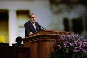 (The Church of Jesus Christ of Latter-day Saints)
Elder Jeffrey R. Holland of the Quorum of the Twelve Apostles speaks to faculty at Brigham Young University on Aug. 23, 2021. His remarks urging BYU faculty to stop aiming “friendly fire” at church teachings against same-sex marriage triggered heated debate.